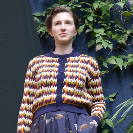 30% OFF! cardigan/jacquard marbled feathers/navy/XS-XL