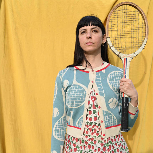 PALAVA レディース オーガニックコットン ニットカーディガン 総柄 (スカイブルー x テニスラケット) Vera Tennis