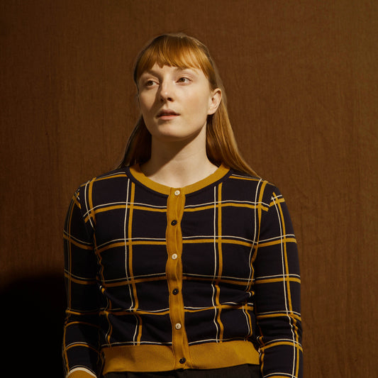 cardigan/jacquard check/navy&mustard