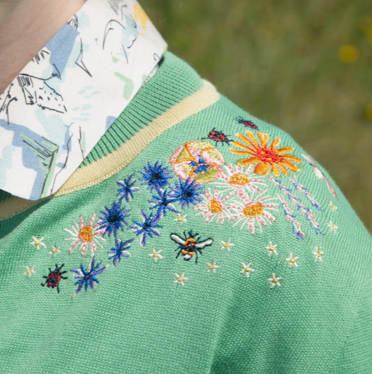 PALAVA レディース オーガニックコットン ニットカーディガン 花刺繍 (グリーン x フラワー) Vera Edible Flowers