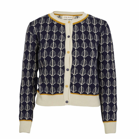 cardigan/jacquard navy cream feathers