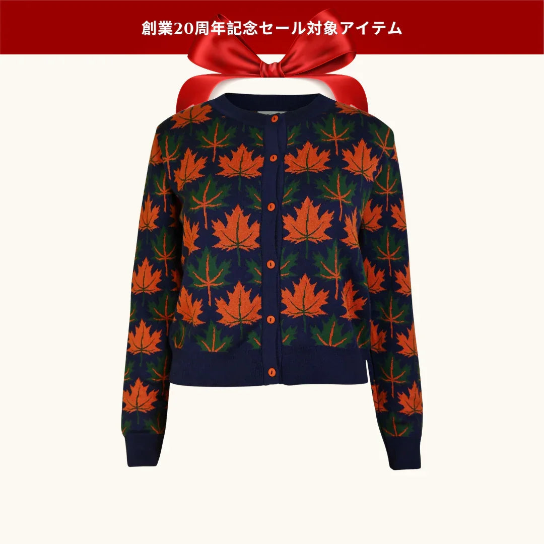 20% OFF! cardigan/jacquard autumn leaves/navy/S & L