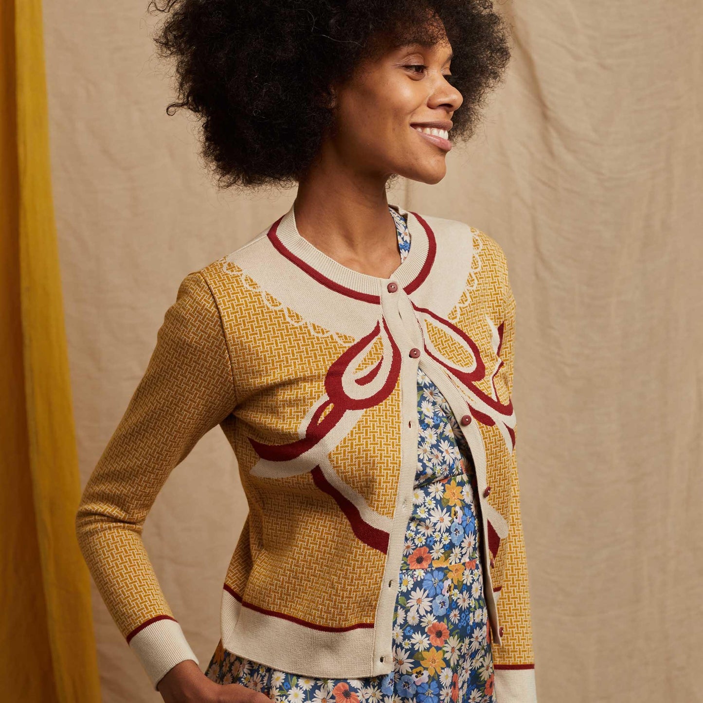 cardigan/ribbons/mustard