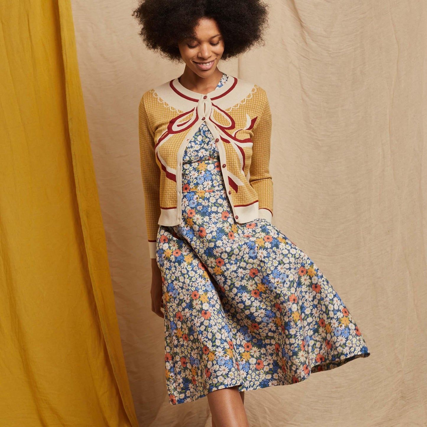 cardigan/ribbons/mustard