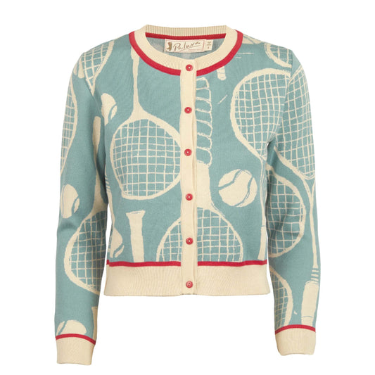 PALAVA レディース オーガニックコットン ニットカーディガン 総柄 (スカイブルー x テニスラケット) Vera Tennis