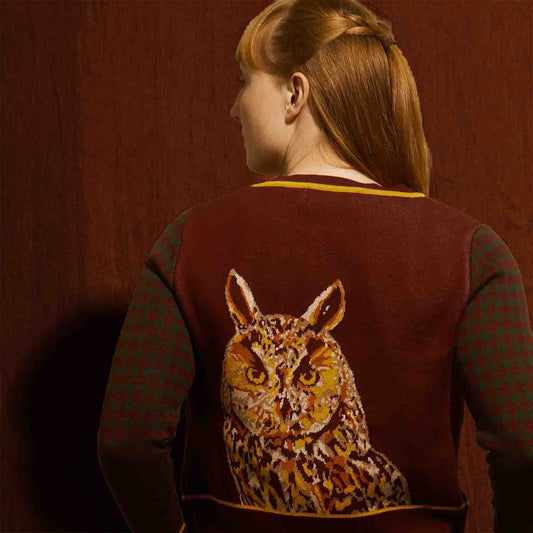 cardigan/jacquard long eared owl/burgundy