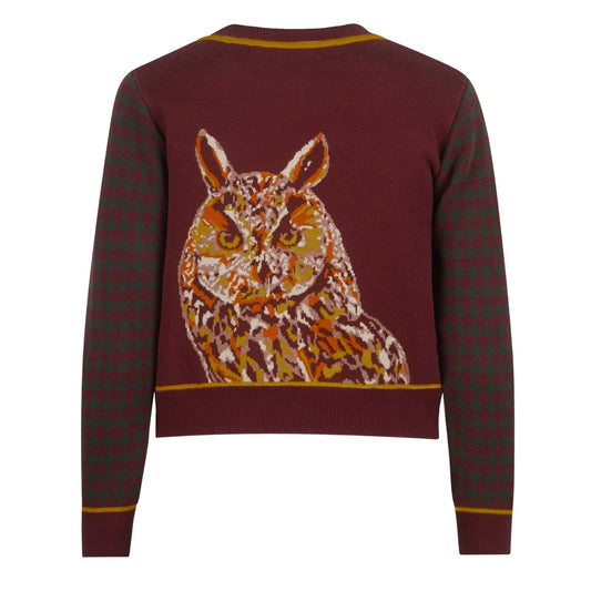 cardigan/jacquard long eared owl/burgundy