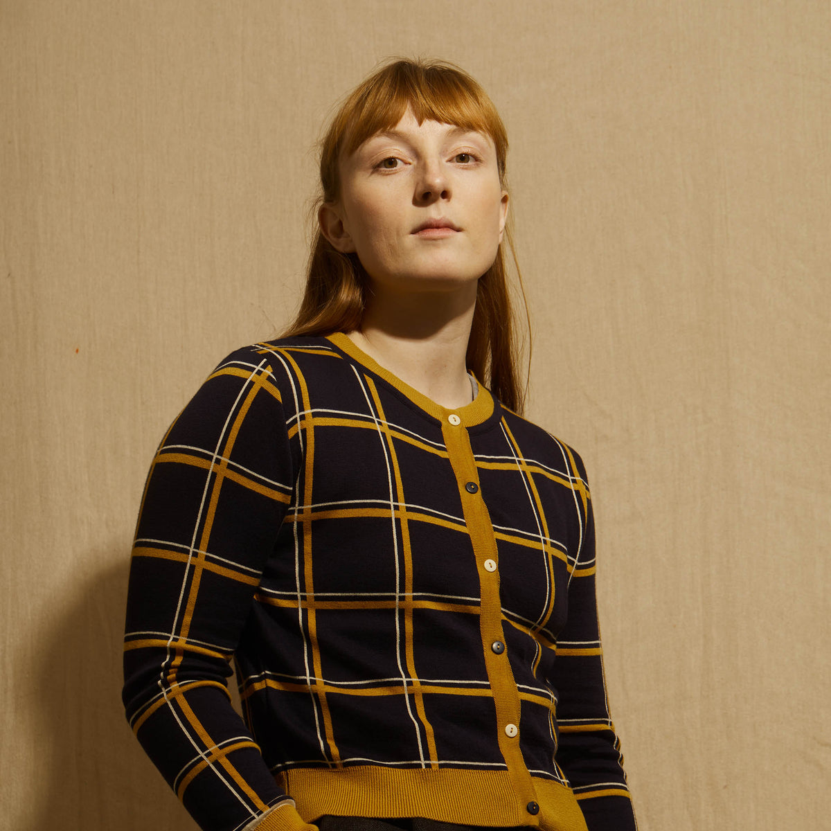 cardigan/jacquard check/navy&mustard