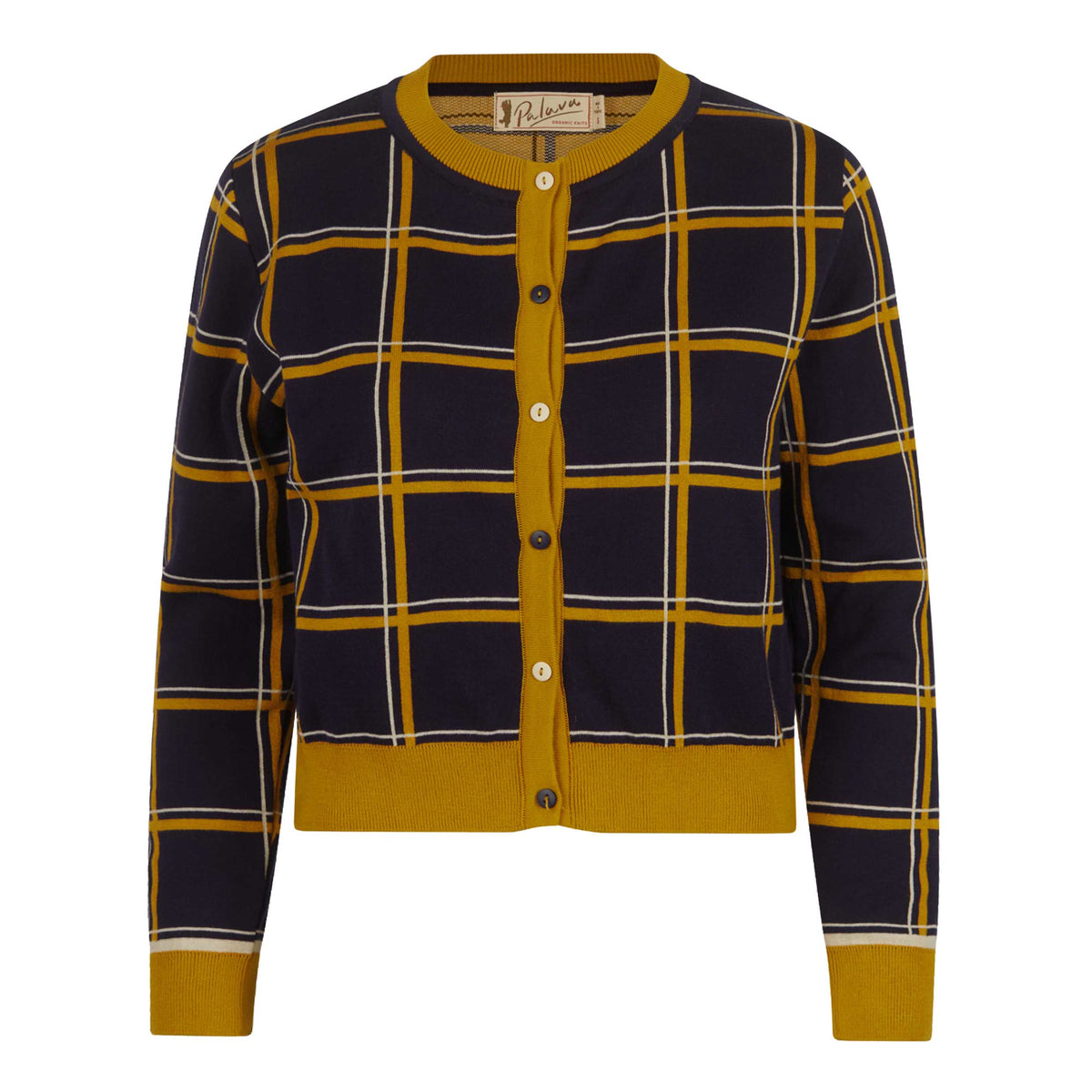 cardigan/jacquard check/navy&mustard