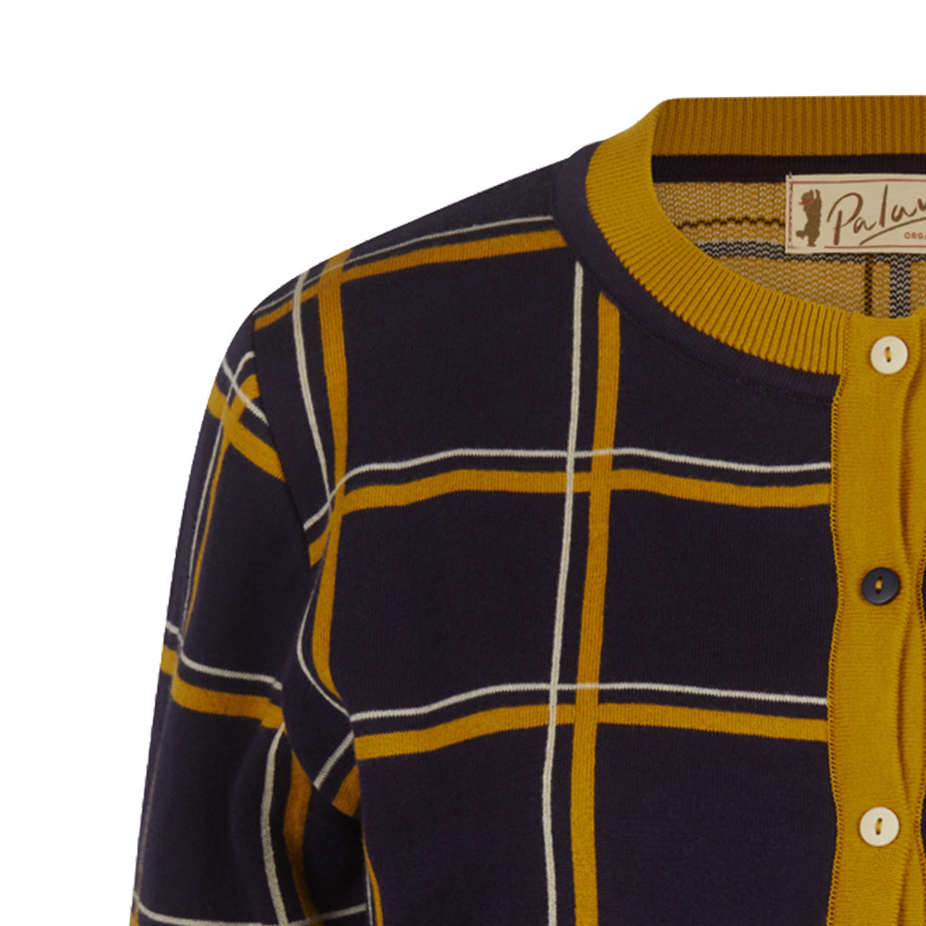 cardigan/jacquard check/navy&mustard