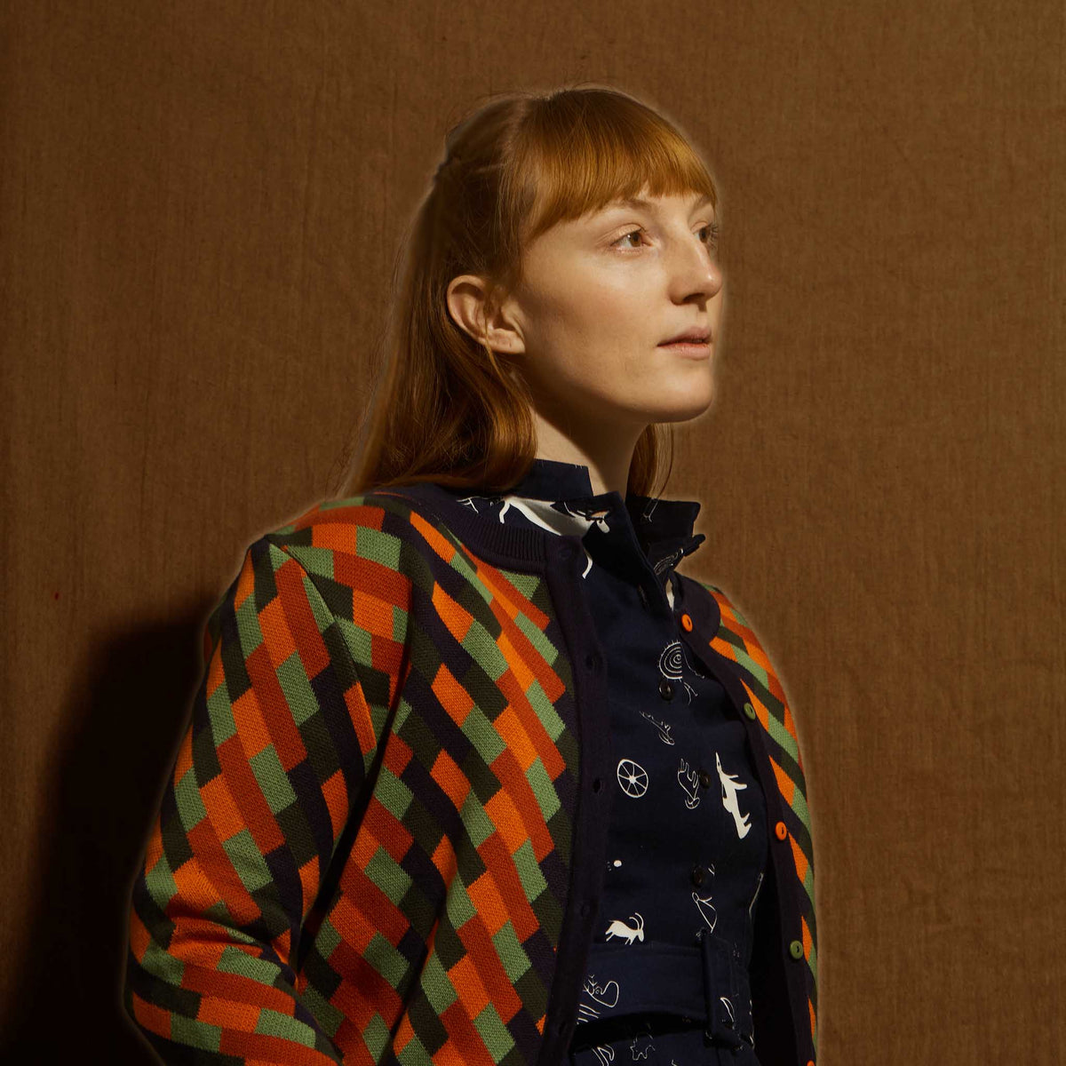 cardigan/jacquard kaleidoscope/coral