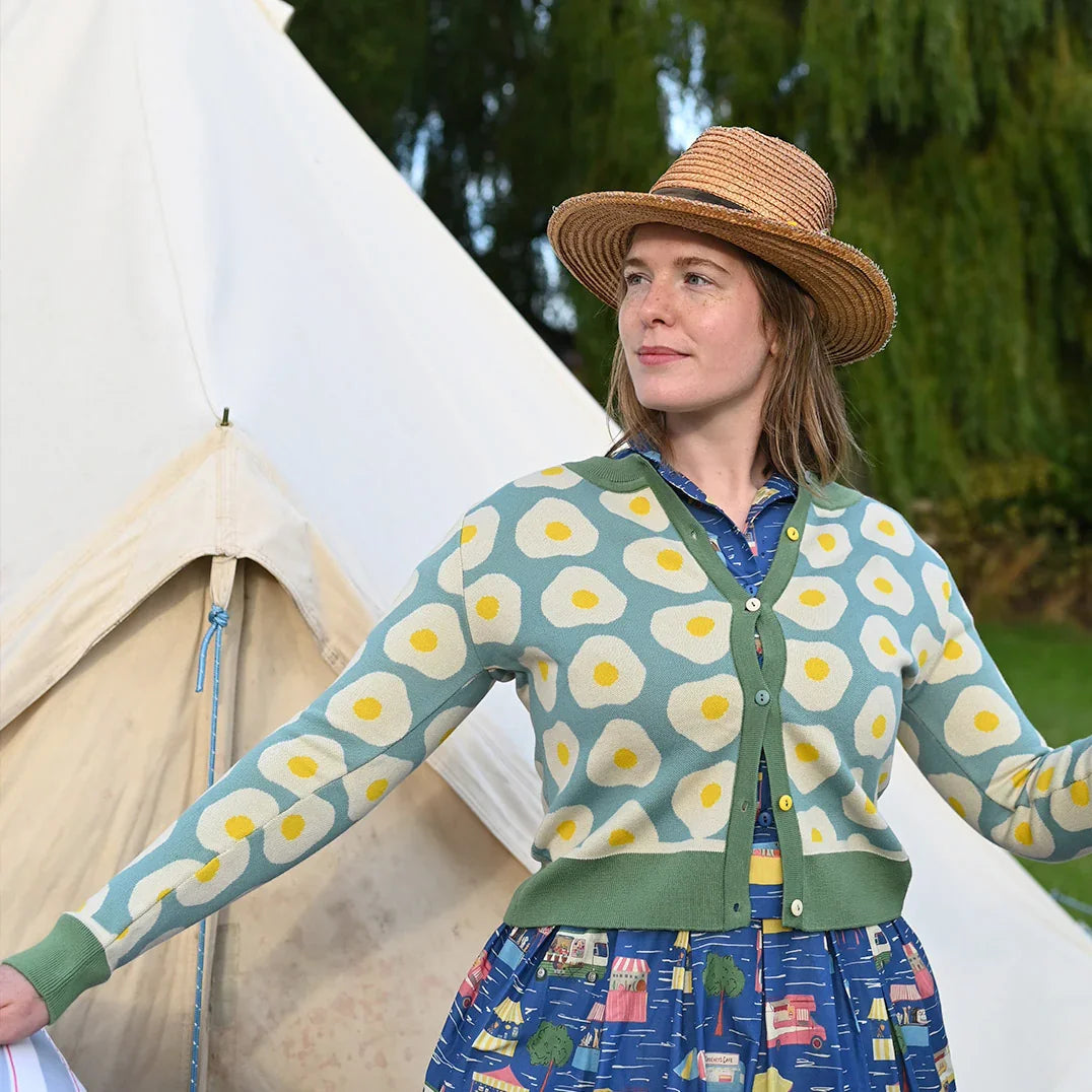 cardigan/fried egg/teal