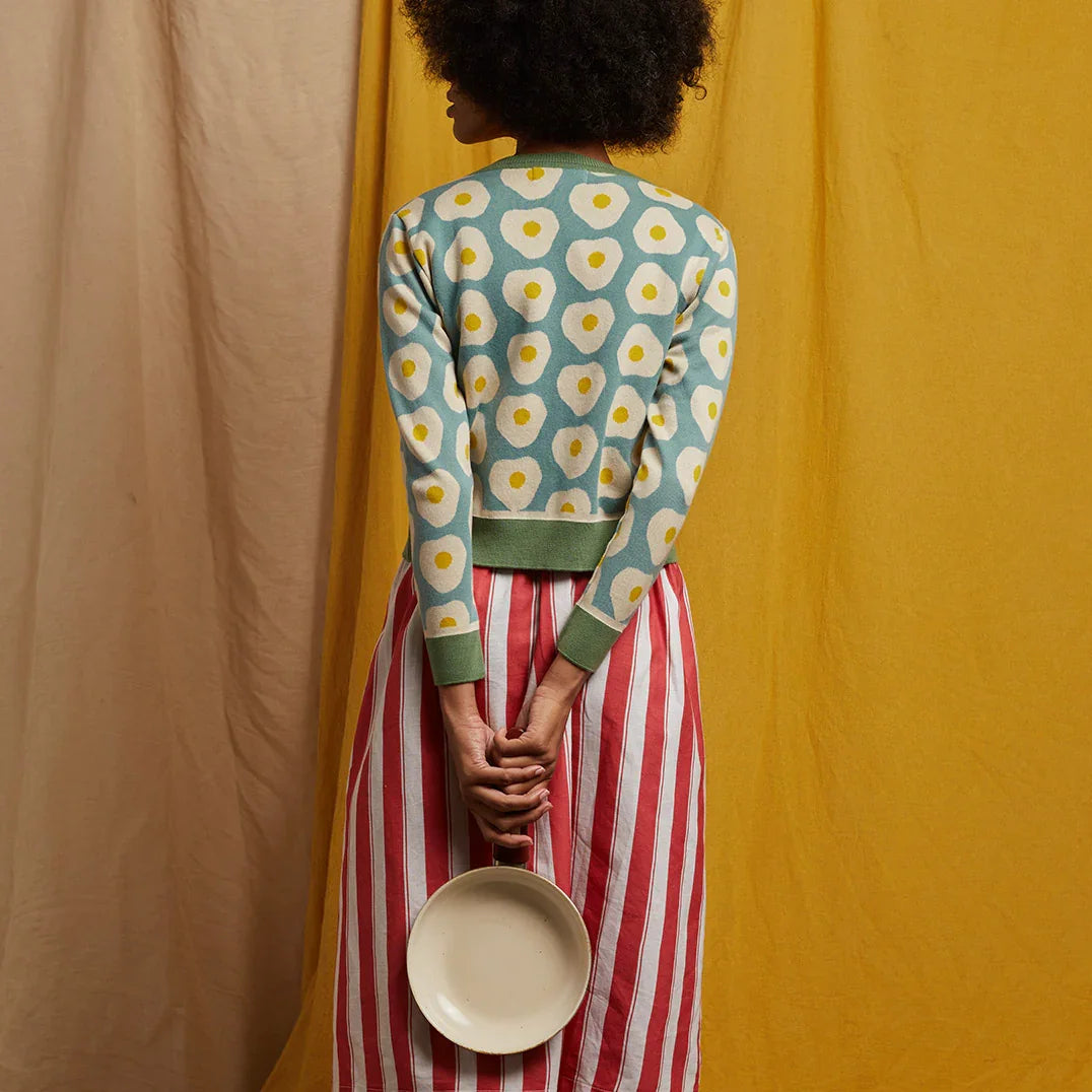 cardigan/fried egg/teal