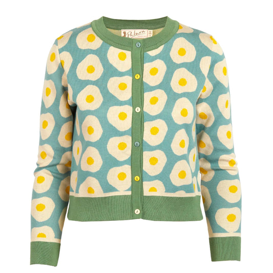 cardigan/fried egg/teal