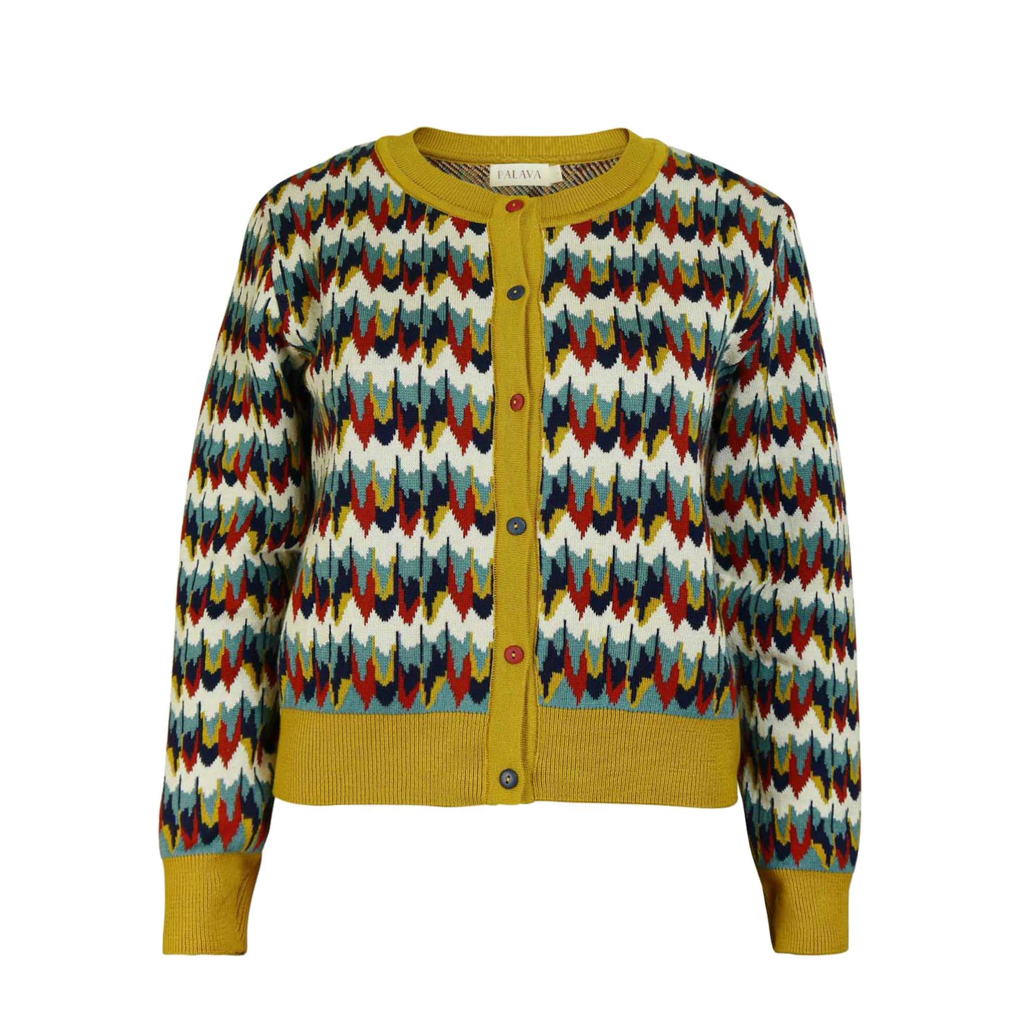 cardigan/marbled feathers/mustard