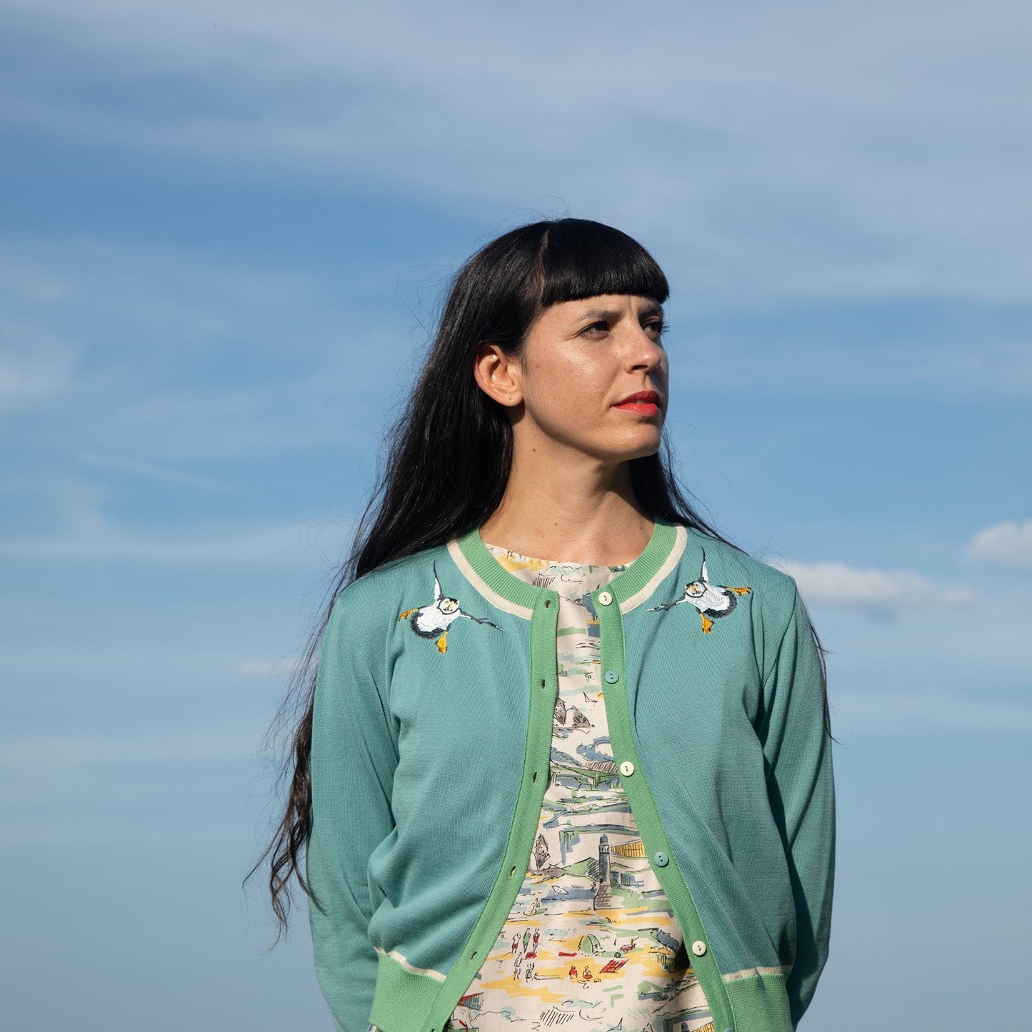 classic cardigan/puffins/teal