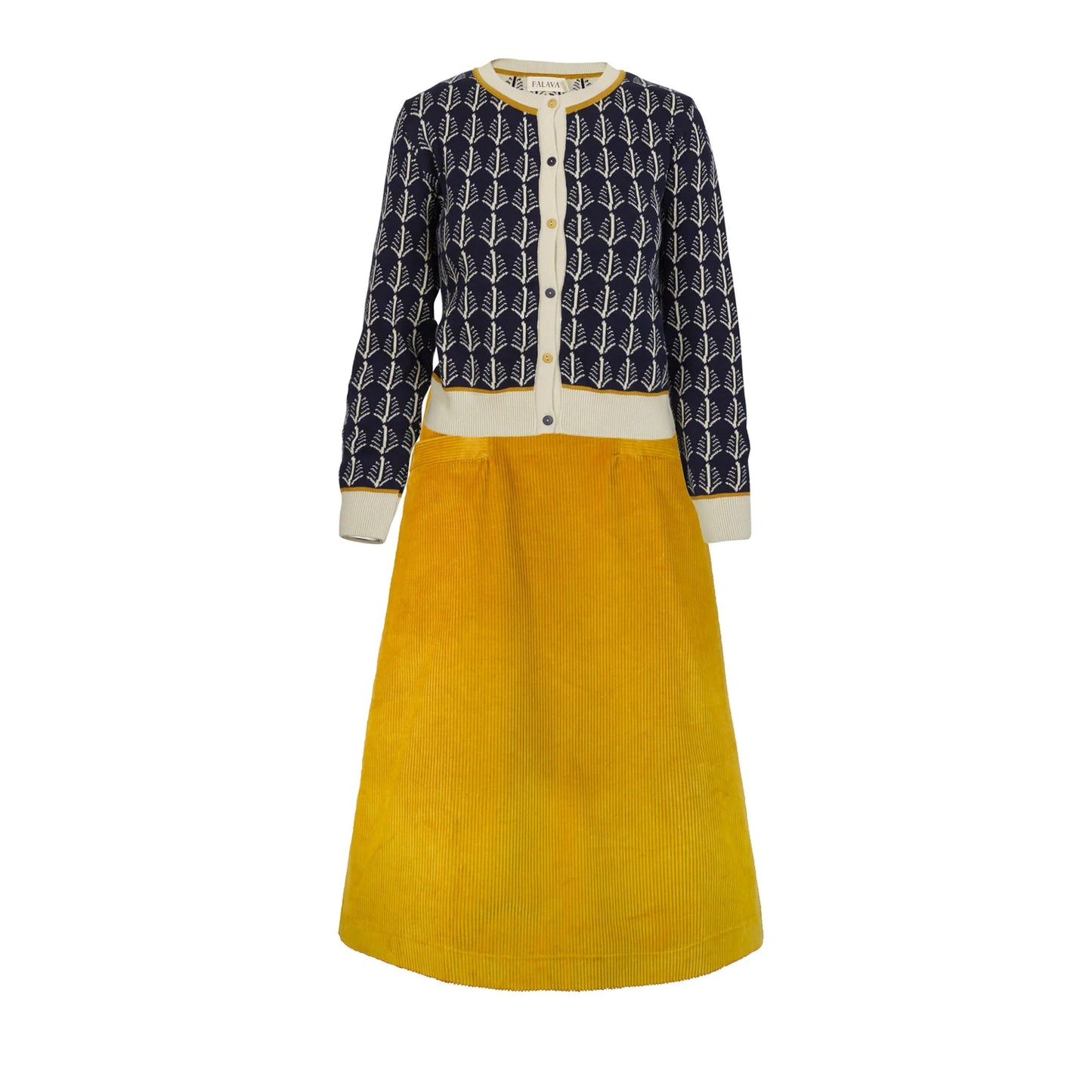 cardigan/jacquard navy cream feathers