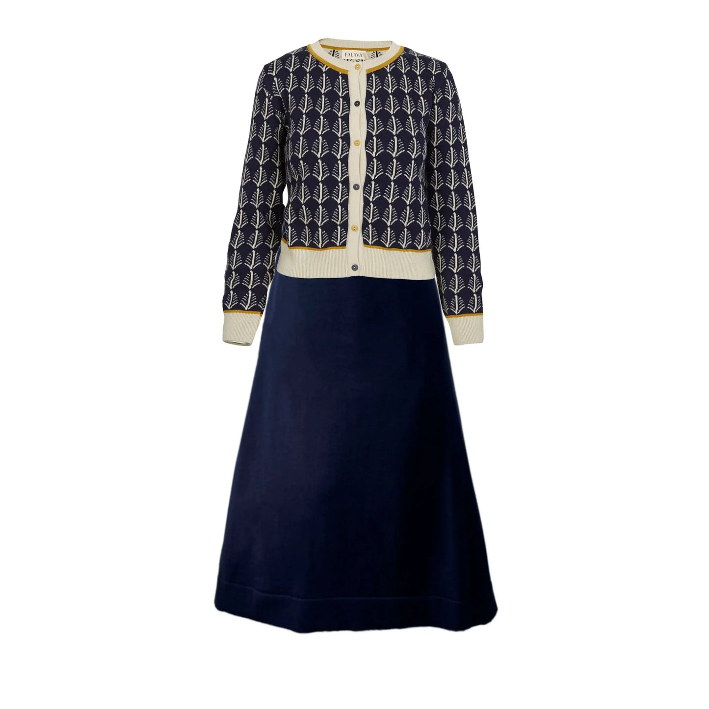 cardigan/jacquard navy cream feathers