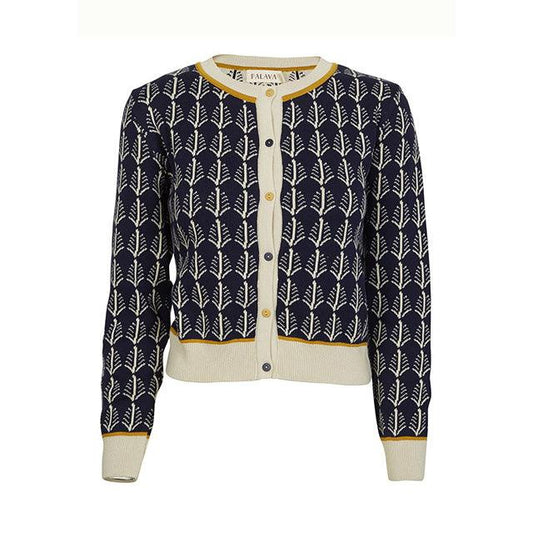 cardigan/jacquard navy cream feathers